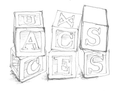 Illustration drawing of blocks with the words accessibility and UX (user experience)