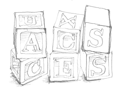 Illustration drawing of blocks with the words accessibility and UX (user experience)