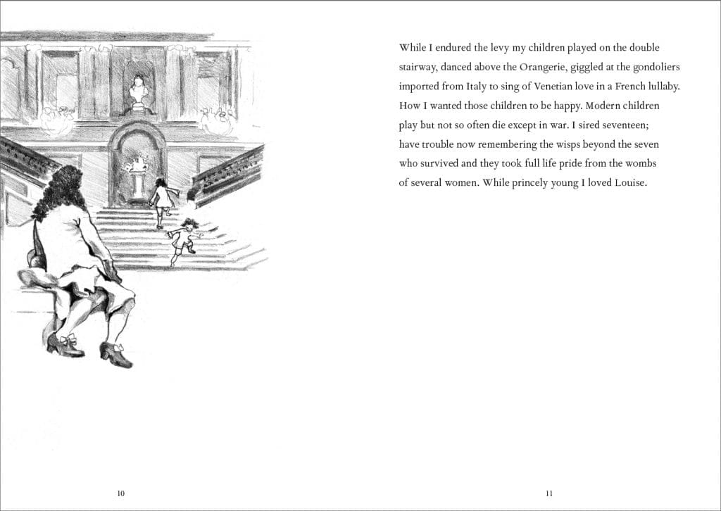 Image of the inside spread of The Kings Walks in the Orangerie by Kathryn Purnell. Design by Bettina Kaiser Art & Design