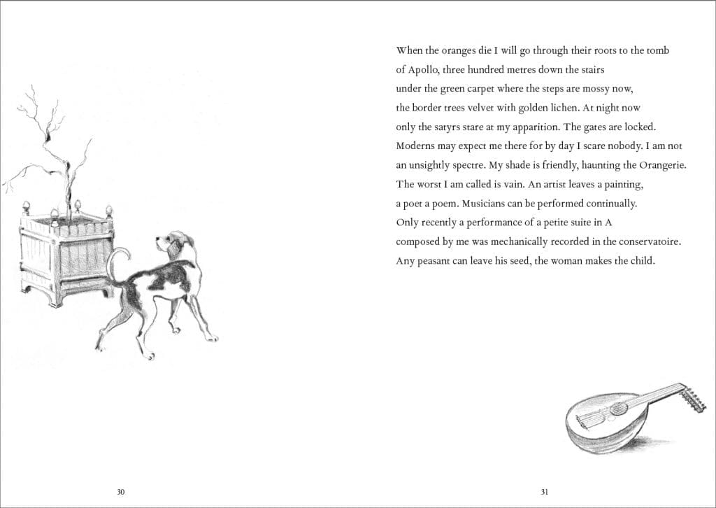 Image of the inside spread of The Kings Walks in the Orangerie by Kathryn Purnell. Design by Bettina Kaiser Art & Design